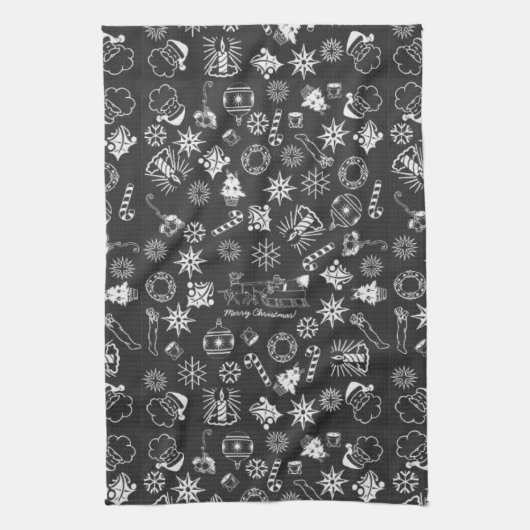 メリークリスマスサンタシンボルブラックとホワイト キッチンタオル (縦)