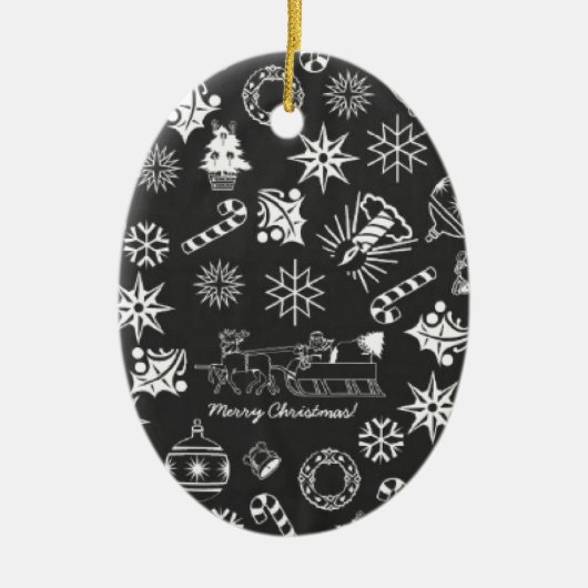 メリークリスマスサンタシンボルブラックとホワイト セラミックオーナメント (正面)