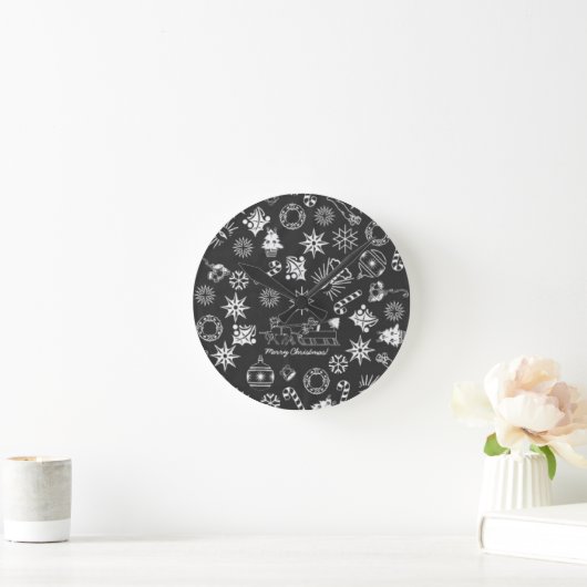 メリークリスマスサンタシンボルブラックとホワイト ラウンド壁時計 (ホーム)