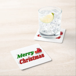 メリークリスマスサンタスレハイレッドグリーンタイポグラフィ スクエアペーパーコースター