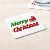 メリークリスマスサンタスレハイレッドグリーンタイポグラフィ スクエアペーパーコースター (アングル)