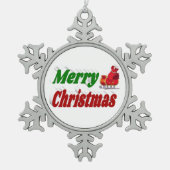 メリークリスマスサンタスレハイレッドグリーンタイポグラフィ スノーフレークピューターオーナメント (正面)