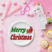 メリークリスマスサンタスレハイレッドグリーンタイポグラフィ ペーパープレート (パーティー)