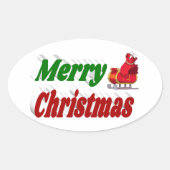 メリークリスマスサンタスレハイレッドグリーンタイポグラフィ 楕円形シール (正面)