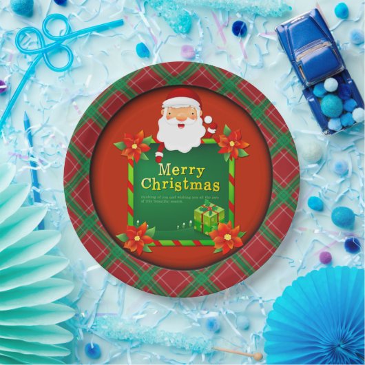 メリークリスマスサンタタータンチェックプレイド ペーパープレート (パーティー)