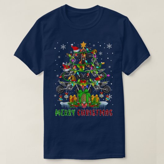 メリークリスマスサンタダートバイククリスマスツリーライトP Tシャツ (デザイン正面)