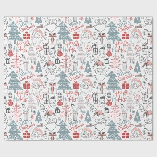メリークリスマスサンタツリーの手描きパターン ラッピングペーパー (フラット)