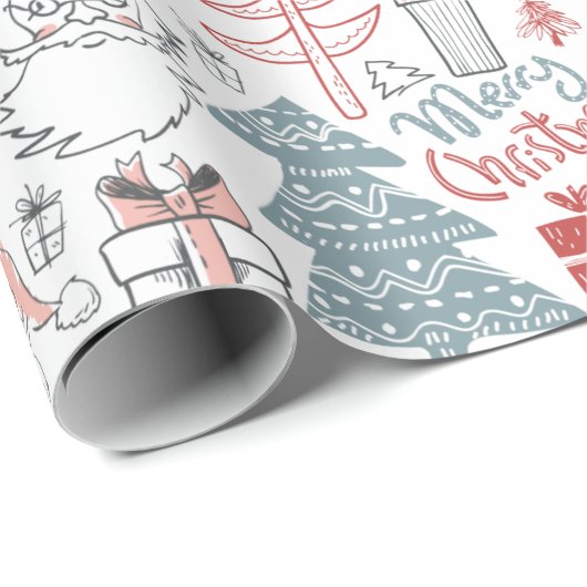 メリークリスマスサンタツリーの手描きパターン ラッピングペーパー (ロールコーナー)