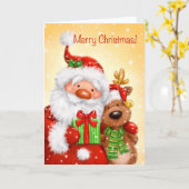 メリークリスマスサンタトナカイポートレート カード (黄色い花)