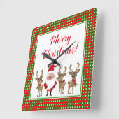 メリークリスマスサンタトナカイ赤緑の格子縞  スクエア壁時計 (傾斜)