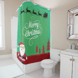 メリークリスマスサンタトナカイ雪の結晶グリーン シャワーカーテン