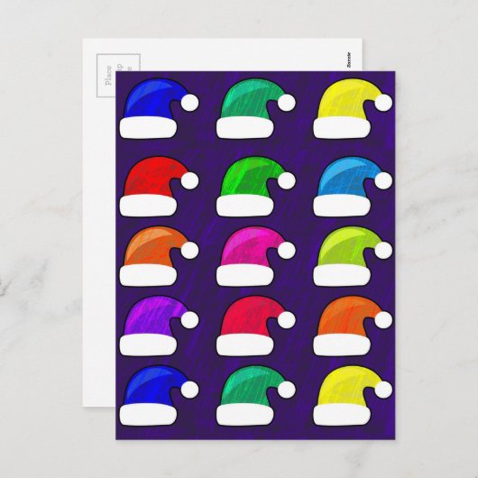 メリークリスマスサンタハッツ赤青紫色グリーン シーズンポストカード (正面/裏面)