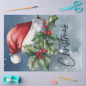 メリークリスマスサンタハットとクリスマスホリー 薄葉紙 (クラフト)