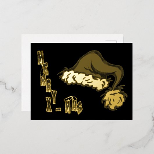 メリークリスマスサンタハットゴールドフォイルポストカード 箔シーズンポストカード (正面/裏面)