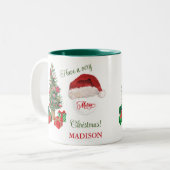 メリークリスマスサンタハットツリーゴルフボール名 ツートーンマグカップ (正面左)
