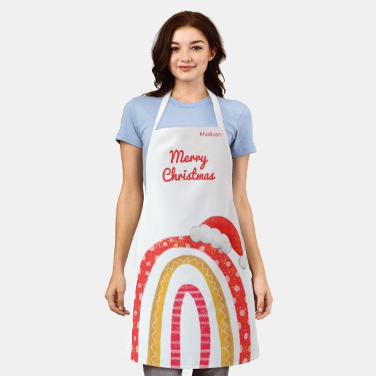 メリークリスマスサンタハットレインボーパーソナライズされた エプロン (着用した状態)