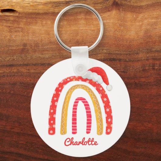 メリークリスマスサンタハットレインボーパーソナライズされた キーホルダー (正面)