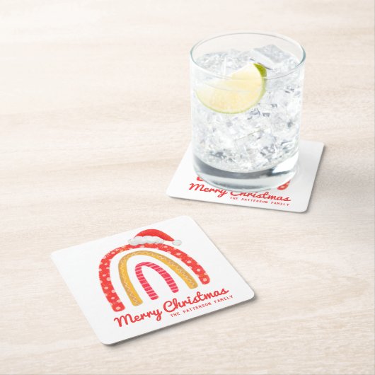 メリークリスマスサンタハットレインボーパーソナライズされた スクエアペーパーコースター (インサイチュ)