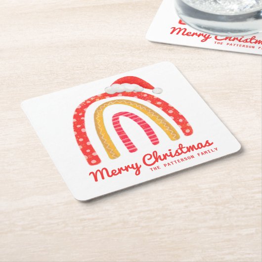 メリークリスマスサンタハットレインボーパーソナライズされた スクエアペーパーコースター (アングル)