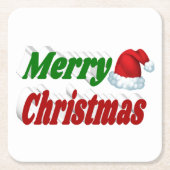 メリークリスマスサンタハットレッドグリーンタイポグラフィ スクエアペーパーコースター (正面)