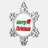 メリークリスマスサンタハットレッドグリーンタイポグラフィ スノーフレークピューターオーナメント (右)