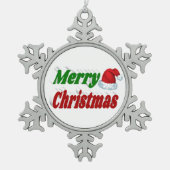 メリークリスマスサンタハットレッドグリーンタイポグラフィ スノーフレークピューターオーナメント (正面)