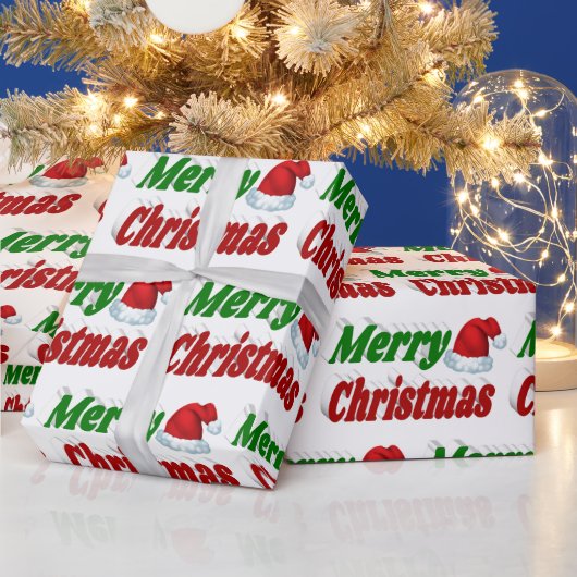 メリークリスマスサンタハットレッドグリーンタイポグラフィ ラッピングペーパー (クリスマス)