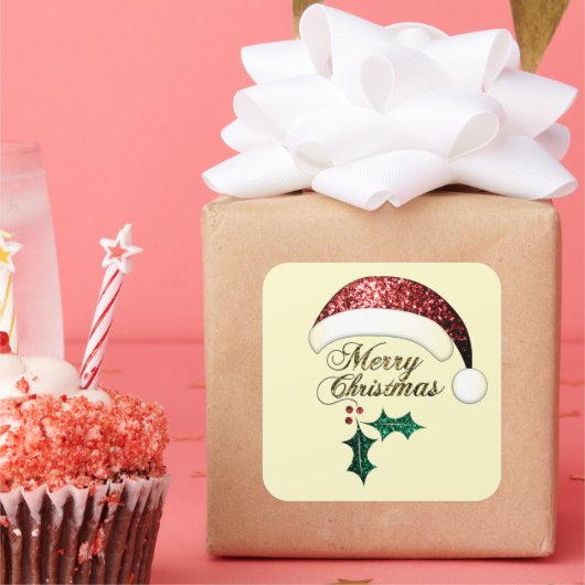 メリークリスマスサンタハットレッド金ゴールドグリーンキラキラ スクエアシール (パーティー)