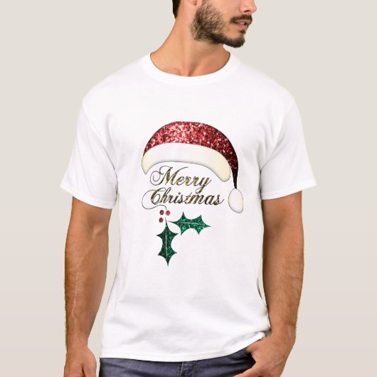 メリークリスマスサンタハットレッド金ゴールドグリーンキラキラ Tシャツ (正面)