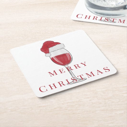 メリークリスマスサンタハットワイングラスのホリデーパーティー スクエアペーパーコースター (アングル)