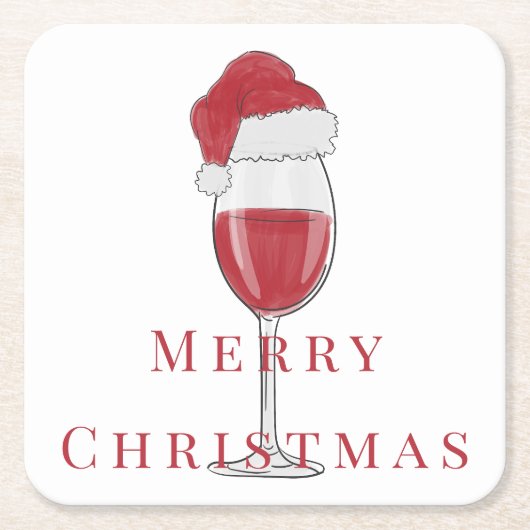 メリークリスマスサンタハットワイングラスのホリデーパーティー スクエアペーパーコースター (正面)
