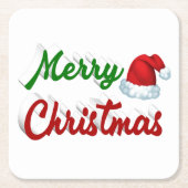 メリークリスマスサンタハット赤い緑のスクリプト スクエアペーパーコースター (正面)