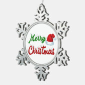 メリークリスマスサンタハット赤い緑のスクリプト スノーフレークピューターオーナメント (右)