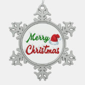 メリークリスマスサンタハット赤い緑のスクリプト スノーフレークピューターオーナメント (正面)