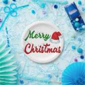 メリークリスマスサンタハット赤い緑のスクリプト ペーパープレート (パーティー)