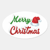 メリークリスマスサンタハット赤い緑のスクリプト 楕円形シール (正面)