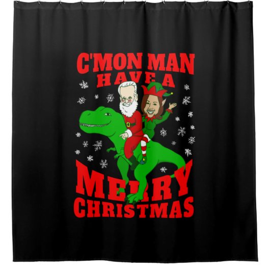 メリークリスマスサンタバイデン氏カマラハリス恐竜 シャワーカーテン (正面)