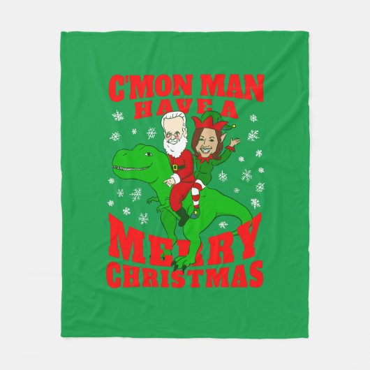 メリークリスマスサンタバイデン氏カマラハリス恐竜 フリースブランケット (正面)