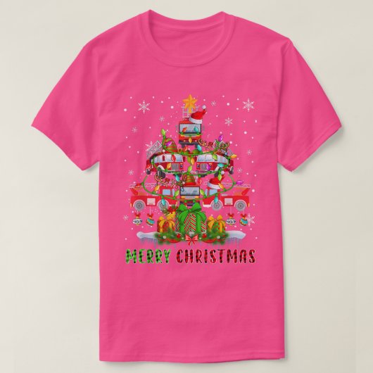 メリークリスマスサンタファイヤートラッククリスマスツリー灯 Tシャツ (デザイン正面)