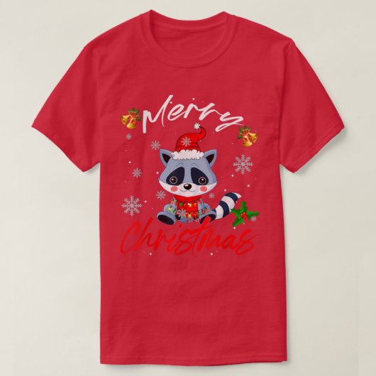 メリークリスマスサンタラクーンクリスマスライトファおもしろいー Tシャツ (デザイン正面)