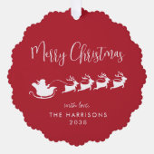 メリークリスマスサンタレー写真赤 オーナメントカード (正面)