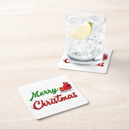 メリークリスマスサンタレー赤い緑のスクリプト スクエアペーパーコースター