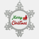 メリークリスマスサンタレー赤い緑のスクリプト スノーフレークピューターオーナメント (正面)