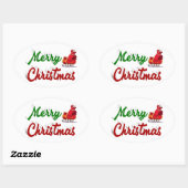 メリークリスマスサンタレー赤い緑のスクリプト 楕円形シール (シート)