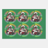 メリークリスマスサンタ乗馬トナカイ赤グリーン ラッピングペーパーシート (正面)