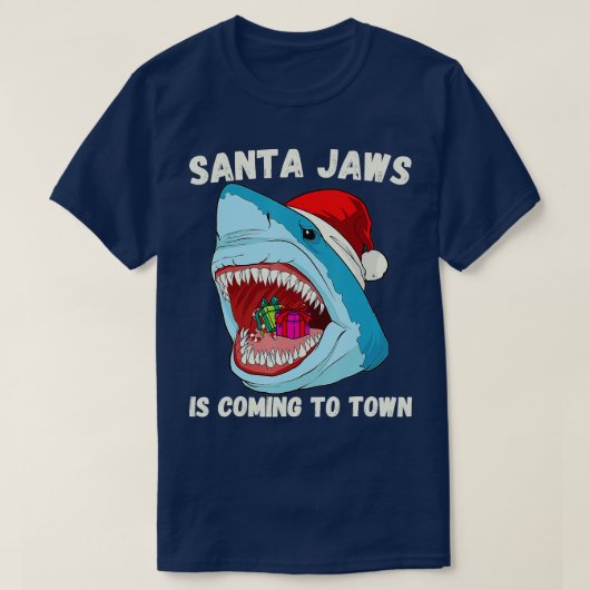 メリークリスマスサンタ来ジョーズが街へおもしろい Tシャツ (デザイン正面)