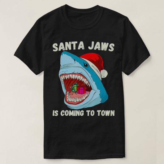 メリークリスマスサンタ来ジョーズが街へおもしろい Tシャツ (デザイン正面)
