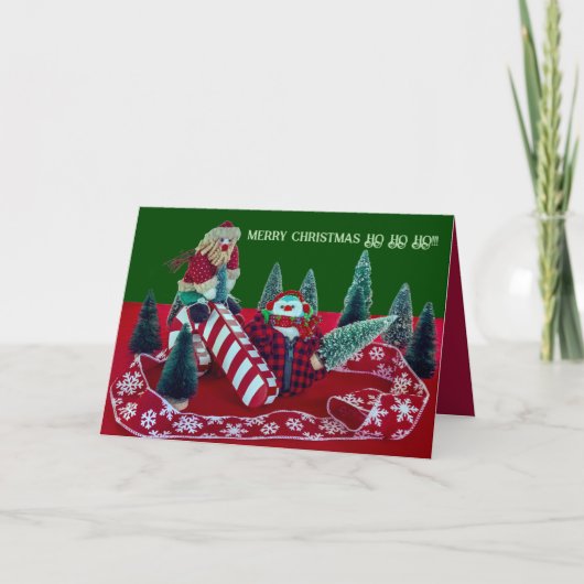 メリークリスマスサンタ雪だるまおもしろいおもしろいコミカル シーズンカード (正面)