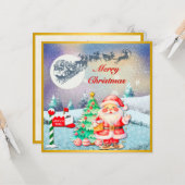 メリークリスマスサンタ、そり、トナカイ、スノーフレーク カード (正面/裏面インサイチュ)