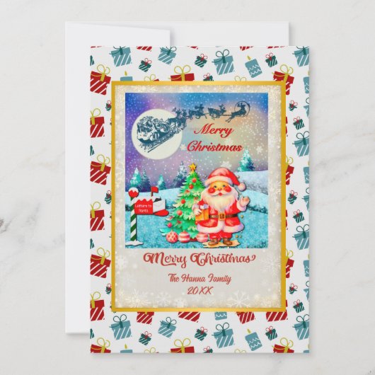 メリークリスマスサンタ、そり、トナカイ、スノーフレーク シーズンカード (正面)